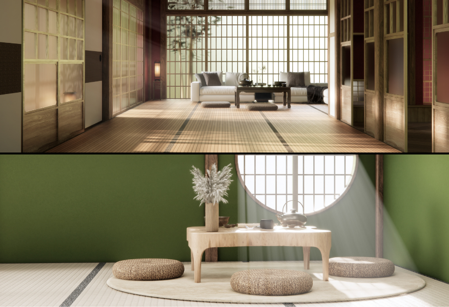 split image of dining rooms with japanese wood flooring